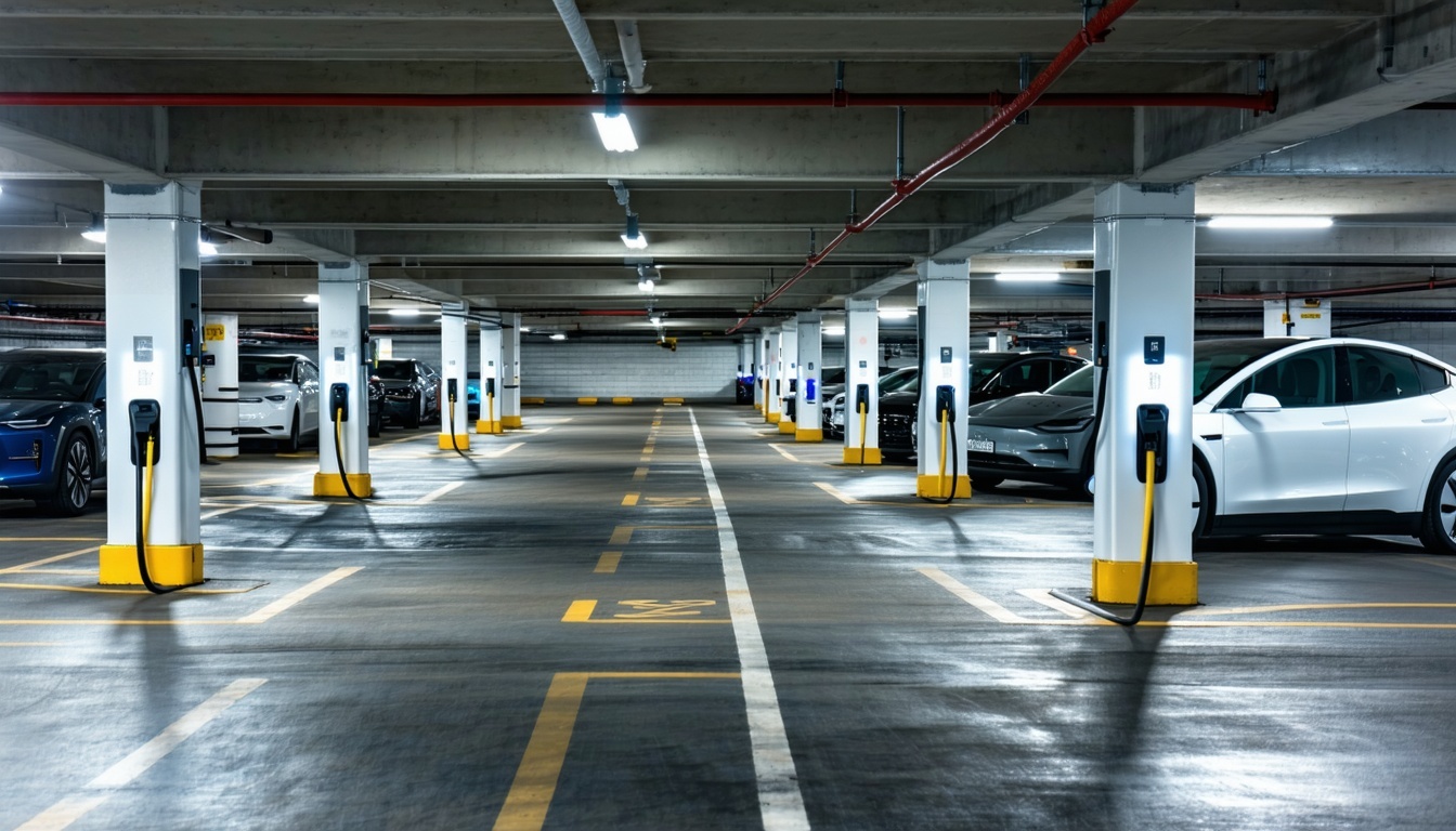 underground parking lot with multiple evs that are currently charging-1